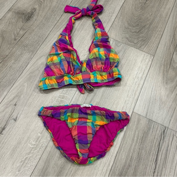 Vintage Y2K Rio de Sol Rainbow Plaid Brazilian Bikini Set